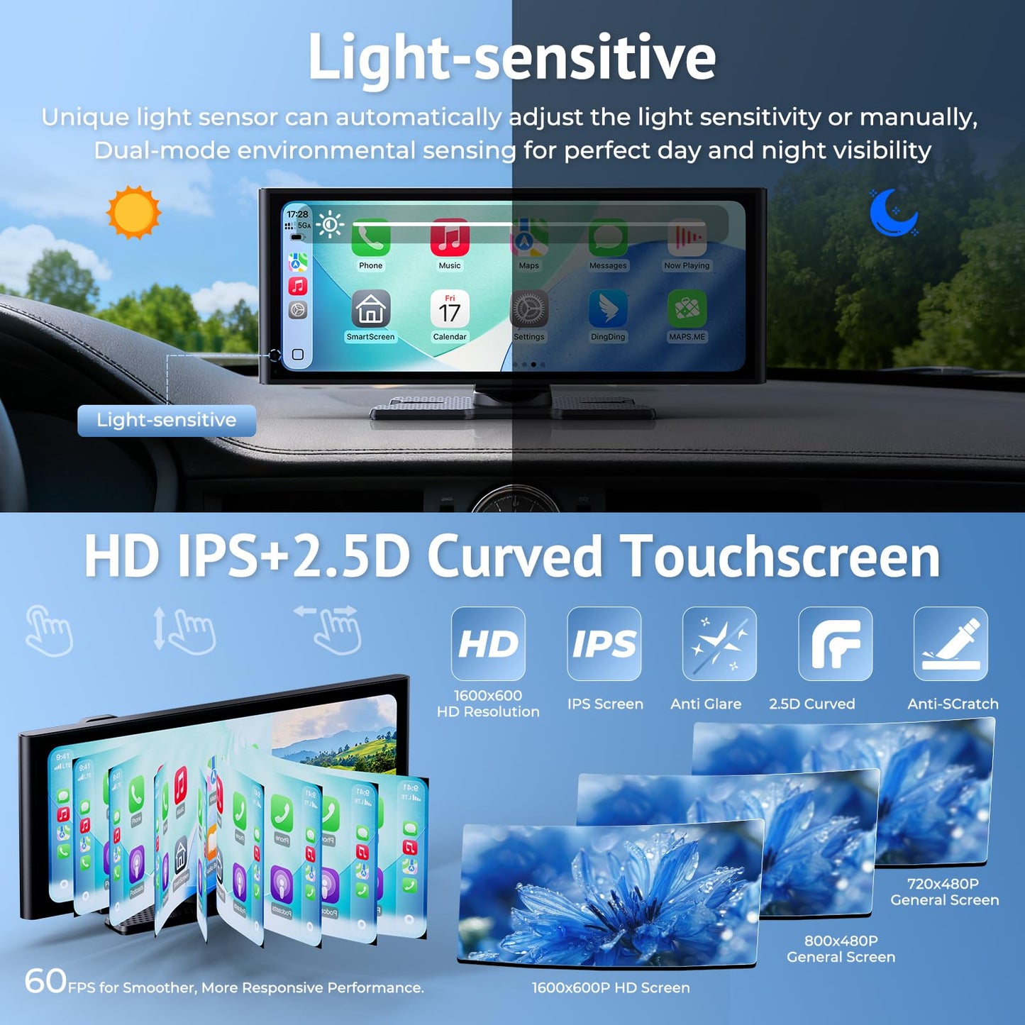 Wonsidary 10.26" HD Wireless CarPlay Screen for Carplay & Android Auto Touch Screen,4K Dash Cam,1080P Backup Camera,Mirror Link,Voice Control,GPS,Bluetooth,64G TF,for All Vehicles
