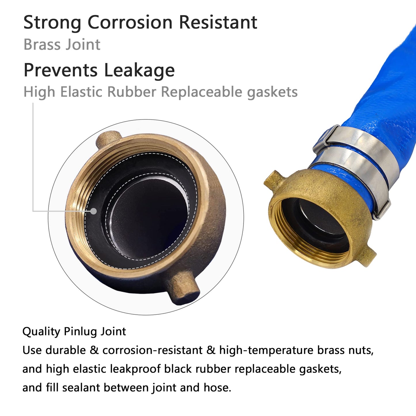 DAVCO 2" ID × 50 ft Pool Backwash Hose, Heavy Duty Reinforced Blue PVC Lay Flat Water Discharge Pump Hoses For Swimming Drain Pools and Clean Filters, With Aluminum Pin Lug Fittings