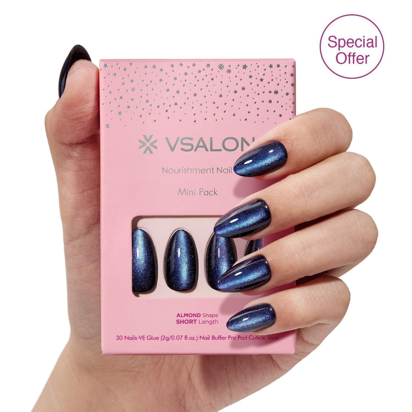 VSALON Press On Nails Short Almond, Shimmer White Opaque Fake Nails & Blue Cat Eye Mini Pack