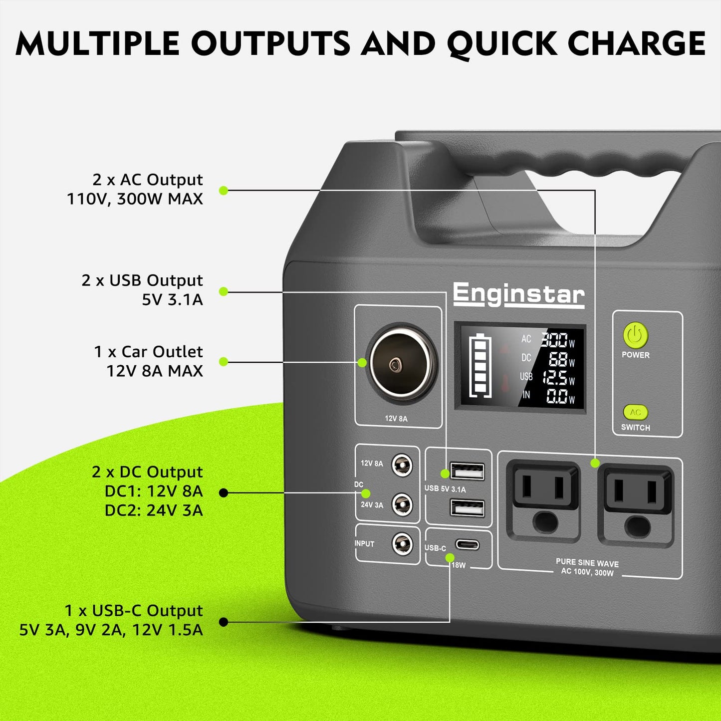 EnginStar Solar Generator, 300W Portable Power Station, 296Wh Lithium Battery Backup w/Two 110V Pure Sine Wave AC Outlet for Camping Road Trip RV, 80000mAh Sufficient Power Supply for Blackout