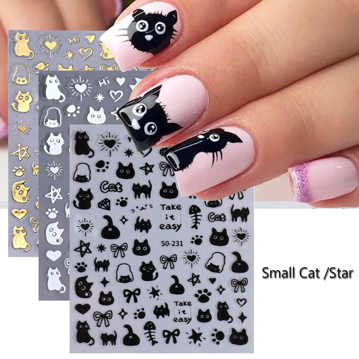 Cat Nail Stickers - 8 Sheets Cute 3D Self Adhesive Gold Silver Black White Cat Design Decals for Kids, Girls, Women DIY Nail Decoration