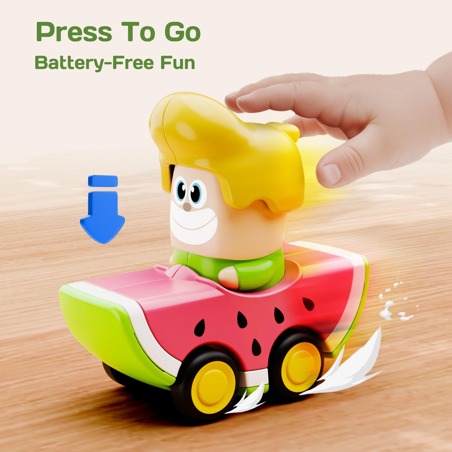 iPlay, iLearn Press to Go Car Toys for Toddlers 1-3, Baby Fruit Racing Cars, Infant Play Vehicle Set, Baby Push Go Friction Car Toys for 18 24 Month, 1st Birthday Gifts for 1-2 Year Old Boys Girls Kid