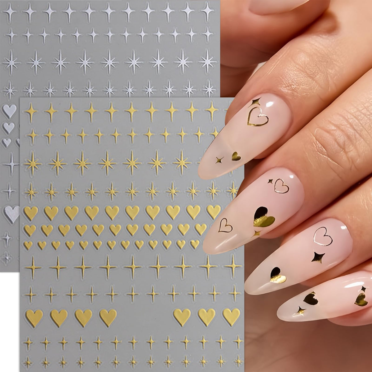 8 Sheets Gold Silver Heart Nail Art Stickers 3D Valentines Nail Decals Gold Silver Black Red Star Peach Heart Design Nail Stickers Cute Heart Nail Supplies for Women Acrylic Manicure Decoration DIY