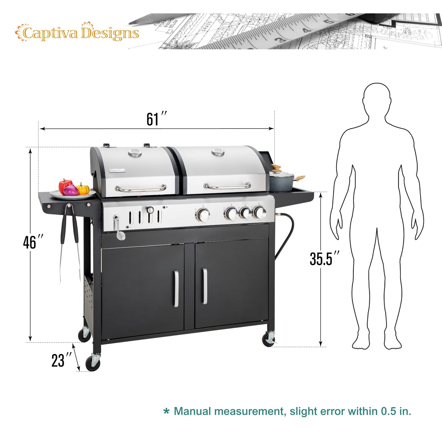 Captiva Designs Propane Gas Grill and Charcoal Grill Combo with Side Burner & Porcelain-Enameled Cast Iron Grate, Dual Fuel BBQ Grill for Outdoor Events & Backyard Barbecue, 690 SQIN Cooking Area