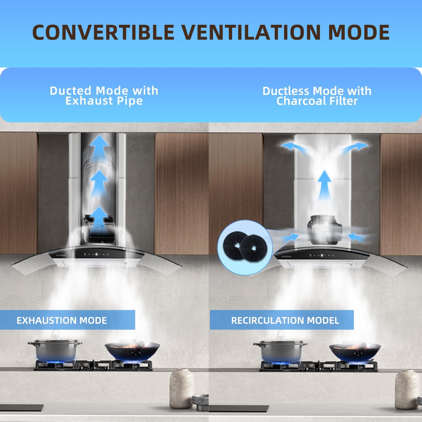 Wall Mount Range Hood 36 Inch 700 CFM Tempered Glass with Ducted Vent Hood, 3-Speed Exhaust Fan, Stainless Steel Filters, Gesture Sensing & Touch Control Switch Black Panel and 2 LED Lights