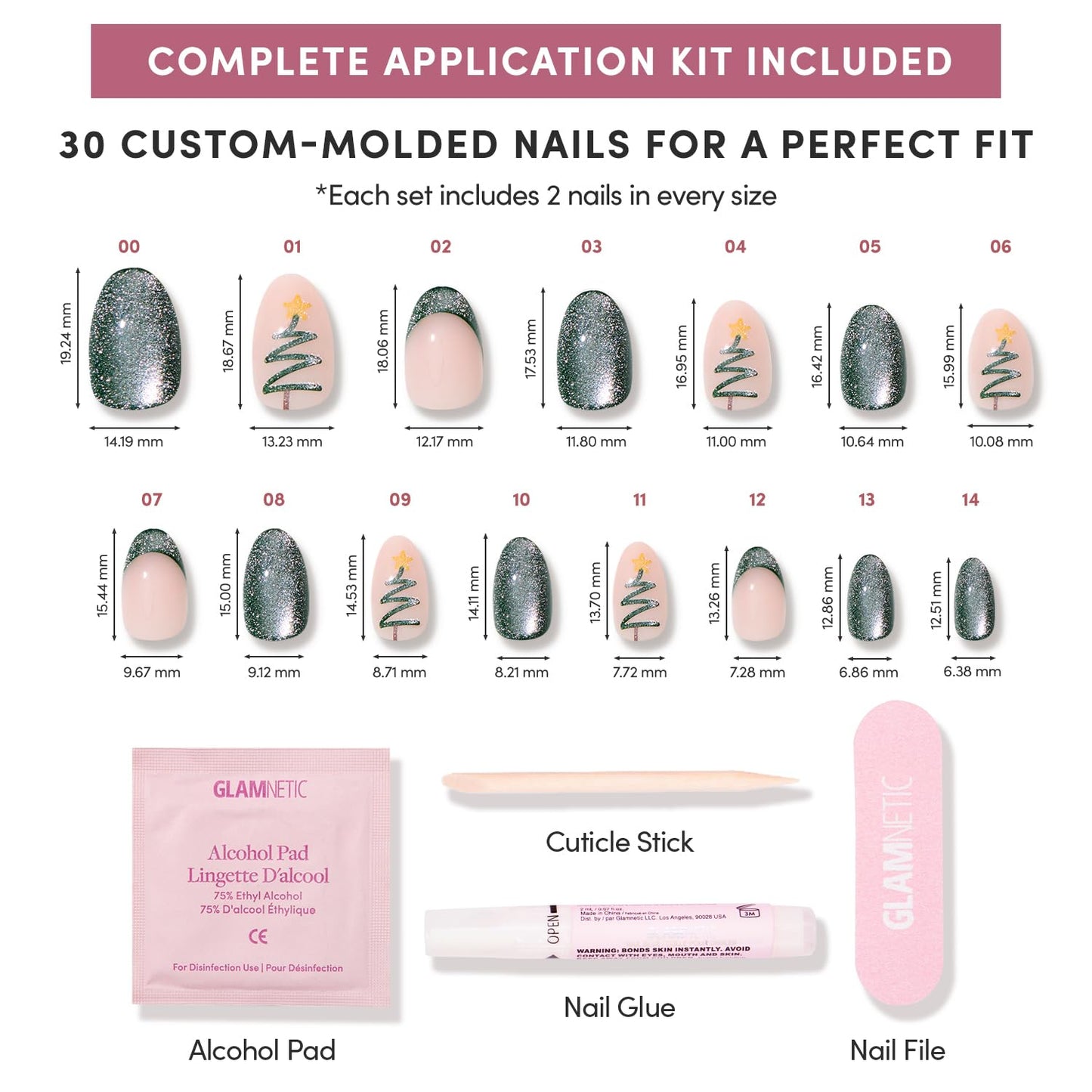 Glamnetic Press-On Nails Bundle - Cold Hearted, Velvet Pine & Cutie Pine | Short Almond Fake Nails with Heart Accent and Pale Blue Velvet Finish | Deep Green Short Oval Fake Nails with French Tips, Tr