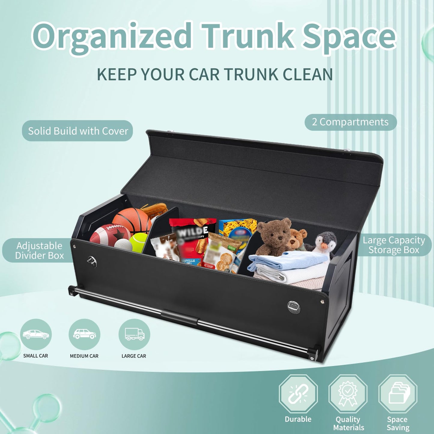 XCF Car Trunk Organizer, Leather Trunk Organizer for Suv with Lid and Push-pull Handle Car Trunk Leather Storage Box Extra Large Cargo Storage (Black, 41.3 x 11.4 x 12.2in)