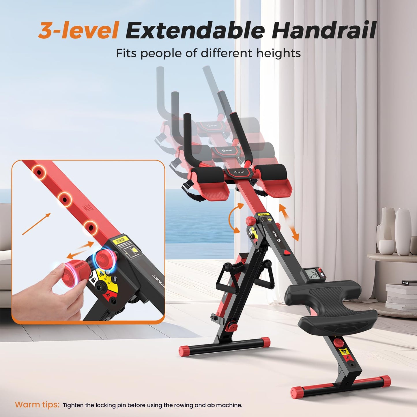 Ab Machine and Rowing Machine, 4 in 1 Rowing Machines for Home with 3 Levels of Workout Resistance, Quiet & Foldable Rower Machine with 3 Adjustable Handle Heights & LCD Monitor, Row Machine for Home