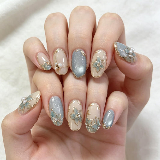 3D Flower Press on Nails with Gold Line Design Floral False Nails Glossy Blue Glitter Medium Almond Fake Nail French Tips Stick on Nail Curve Line Glue on Artificial Fingernails for Women Daily Wear