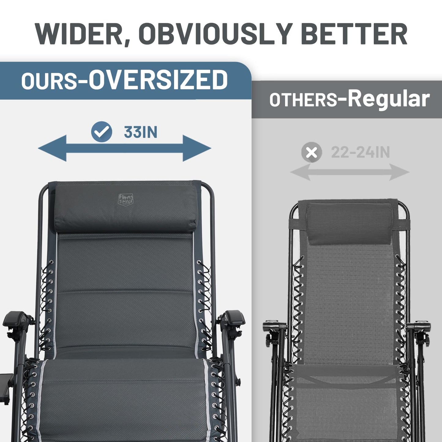 Timber Ridge Oversized Zero Gravity Chair, 33In Wide XXL Zero Gravity Reclining Chair with Side Table, Full Padded Lounge Chair for Outdoor Camping Patio Lawn, Heavy Duty Supports 500lbs, Grey-1 Pack