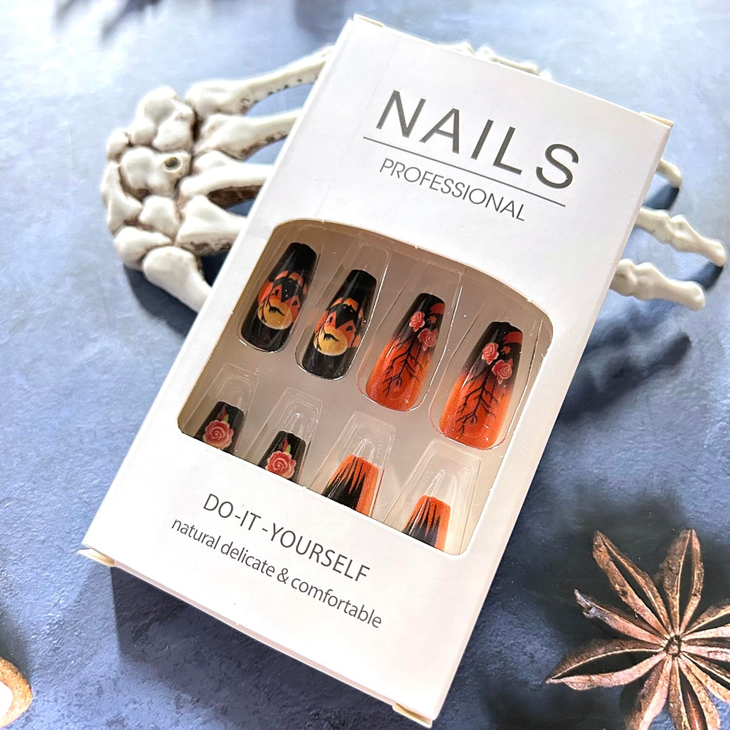 Halloween Press on Nails Long Ballet Shaped Bat Pumpkin False Nails Full Cover Artificial Acrylic Fingernails Castle Flower Design Halloween Nail Glossy Festivla Glue on Nails for Women Supplies