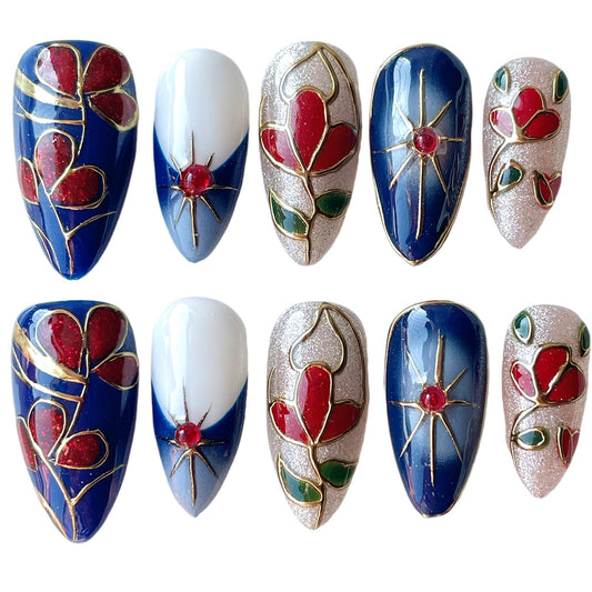 Handmade Press On Nails, Medium Almond Hand-Painted Floral Design, Luxury Blue & Red Art with Gold Outline Design, Reusable Acrylic Fake Nails Set Enamel (M)