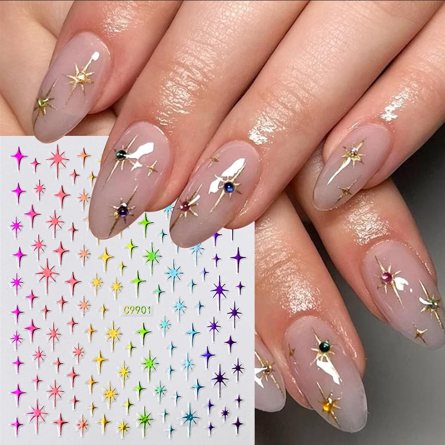 Star Nail Art Sticker 3D Glitter Metallic Laser Starlight Nail Stickers Silver Star Champagne Gold Black Shiny Sparkle Star Nail Tip Foil Adhesive Decals for Woman DIY French Manicure Accessories 6pcs