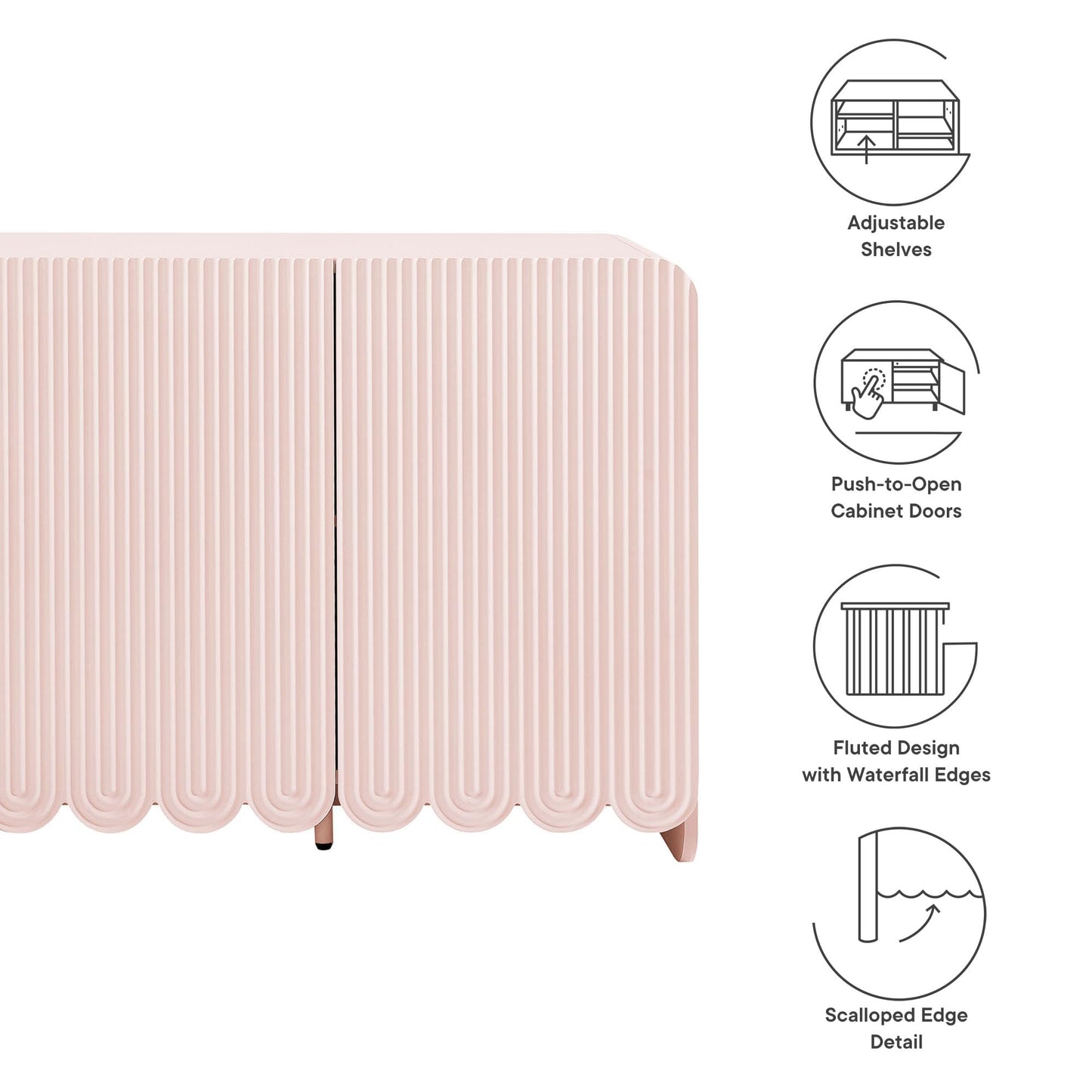 Modway Dahlia 55-Inch Fluted Sideboard Cabinet in Soft Pink — Accent Storage Cabinet with Adjustable Shelves — 3-Door Scalloped Sideboard for Living Room, Entryway, or Dining Room