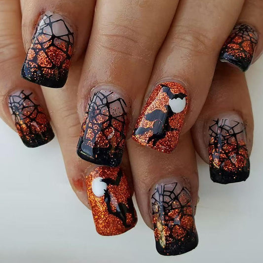 Halloween Press on Nails Short Square Bat Witch False Nail Acrylic Artificial Fingernails Glitter Powder Spider Web Design Full Cover Glossy Festival French Stick on Nails for Women Supplies 24Pcs
