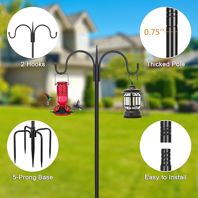 FEED GARDEN Heavy Duty Shepherds Hook 92" Double Hooks Adjustable (44/60/76/92") - Metal 5-Prong Base, 15lb Capacity - Easy Assembly Bird Feeder Pole for Hanging Planters, Lanterns, Wind Chimes