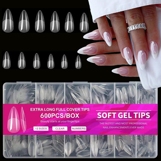 Medium Almond Nail Tips, 600pcs Soft Nail Gel Tips Pre-Shaped Acrylic Fake Nails, Half Matte Full Cover Clear Jelly Press on False Nail Tips for Extension Nail Manicure Home DIY 12 Sizes for Women