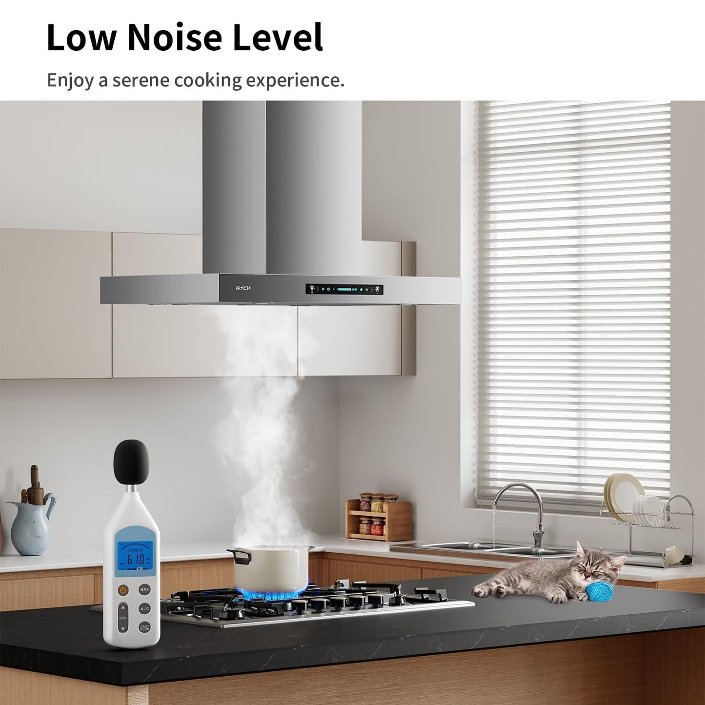 IKTCH Island Mount Range Hood 36 inch, 900 CFM Ducted Range Hood with 4 Speed Fan, Stainless Steel Hood Fan with Gesture Sensing & Touch Control with 3 Pcs Filter