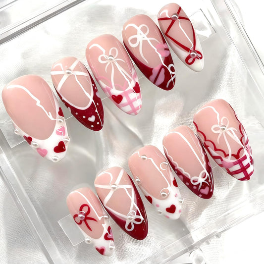30pcs Valentine's French Tip Press on Nails Medium Almond Fake Nails 3D Exquisite Painted Bow and Heart Nail Art Tips Cute Acrylic Nails Kit Pink Love Pearl Full Cover Glue on Nail for Women DIY