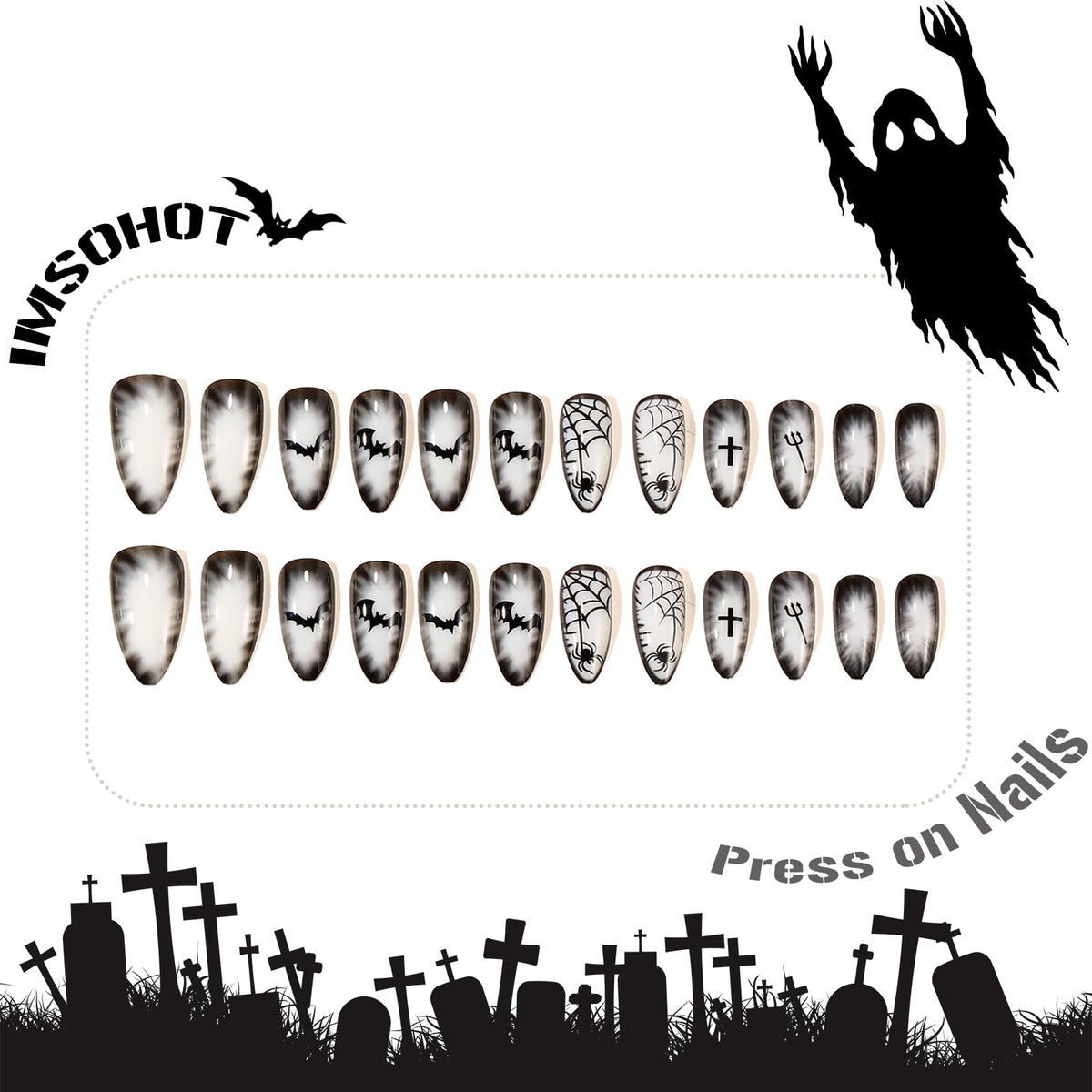 IMSOHOT Halloween Press on Nails Medium Almond Fake Nails Black French Tip False Nails with White Ombre & Ghost Designs Full Cover Acrylic Glue on Nails