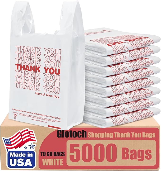 Glotoch (5K) 5000 Count Plastic Thank You Bags for Small Business in Bulk, 11.5 x 6.5 x 21" White Grocery Bags with Handles for Restaurant, Retail,Takeout, Stores, Shopping T-shirt Bag