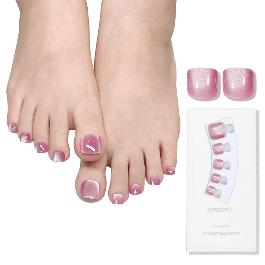Pink Cat Eyes Press On Toenails,28 Pcs Soft Gel Rose Red Short Square Fake Toenails Kit, Natural Reusable Stick On False Toenail for Women and Girls SK0755