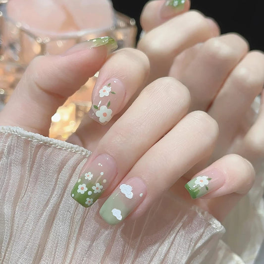 Glue on Nail Short Square Length, 24Pcs Full Cover Reusable False Nails, Press on Nails with Small Flower Designs, Artificial Coffin Acrylic Fake Nails for Women Stick on Nails with Charm Decorations