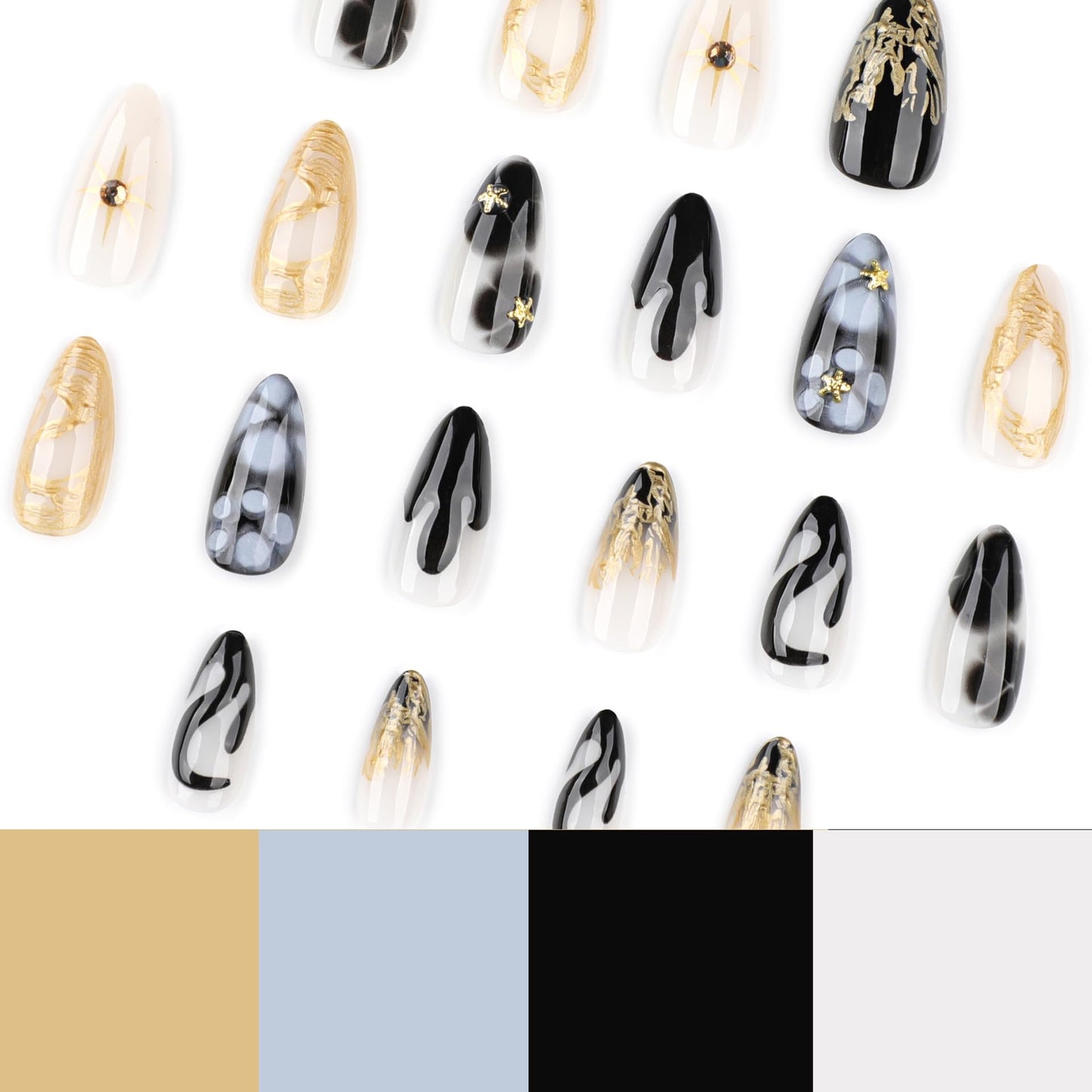 Almond Press On Nails Medium Fake Nails 3D Gold False Nails Flower Rhinestone With Gradient Design Artificial Nails Glossy Acrylic Stick On Nail Full Cover Glue On Nail For Women Manicure 24pcs