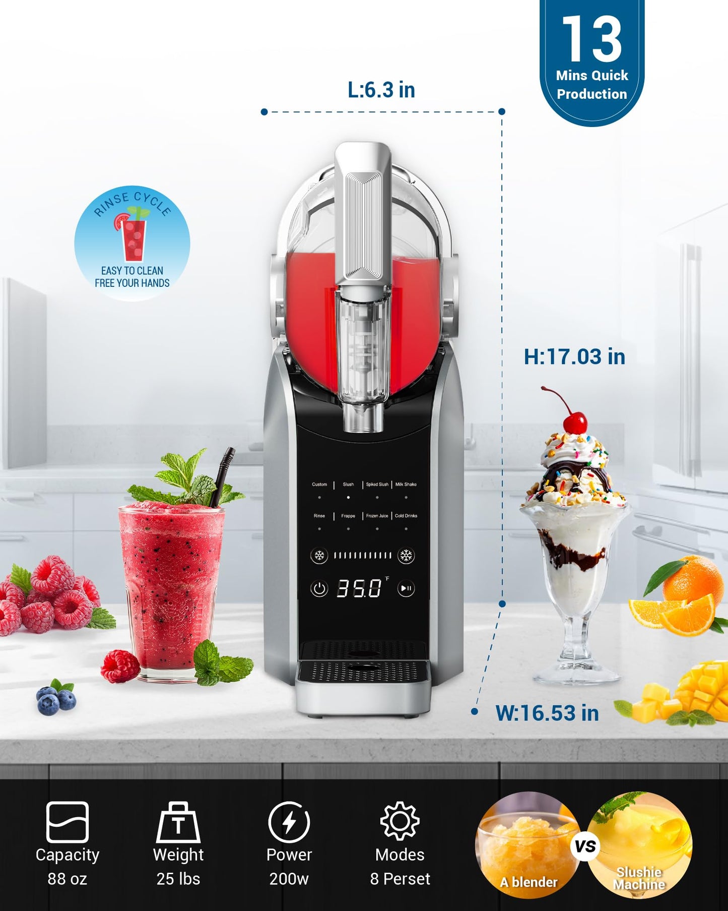 Slushie Machine, No Ice Needed, 88 oz Slushie Machine for Home with Dust Cover, Professional Frozen Drink Maker, 7 Preset Programs+Rinse, Frozen Margaritas, Frappés, Milkshake, and More