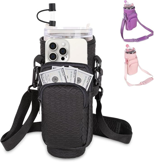 &And Per Se Water Bottle Shoulder Bag with Phone Pocket, Compatible with Stanley 30oz Tumblers - Neoprene Carrier with Adjustable Strap & Charm Accessory (Black)