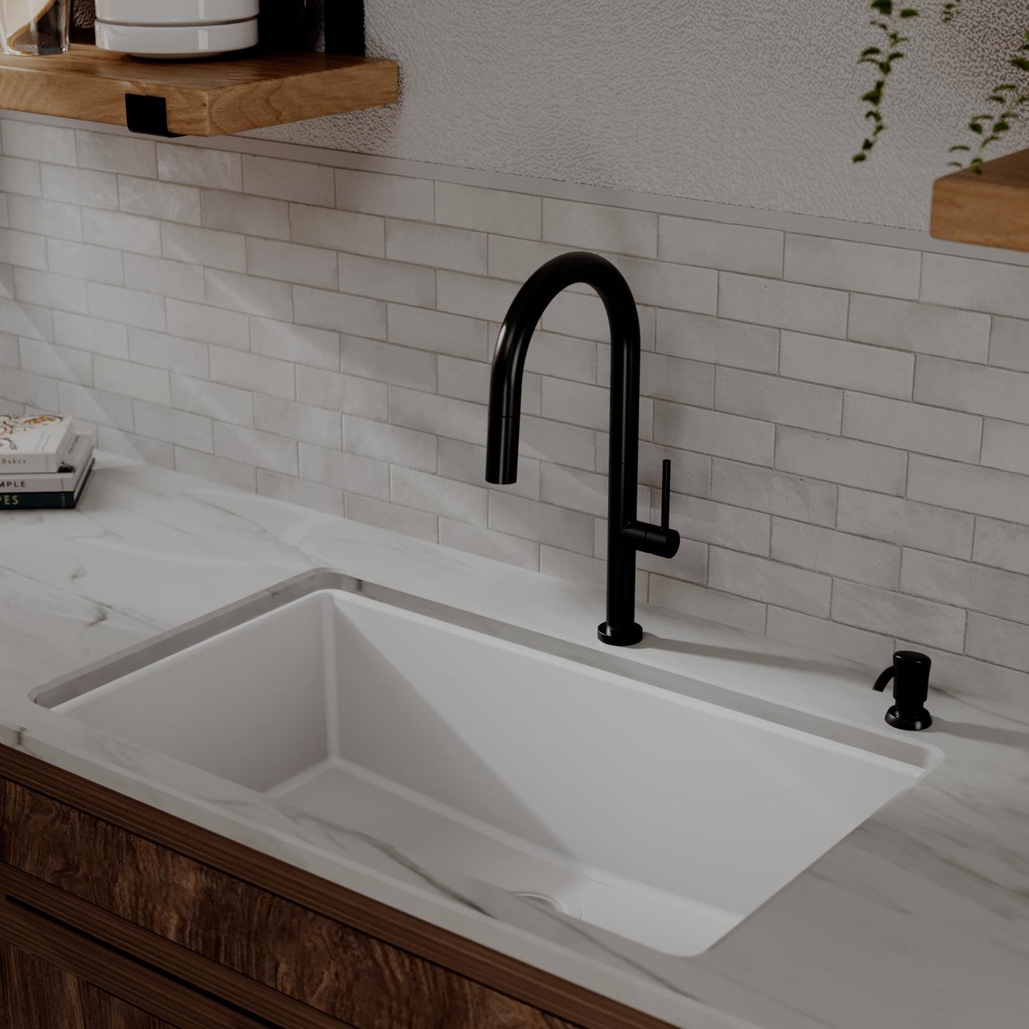 Karran Brynford Matte Black Pull-Down Kitchen Faucet, Single Handle High-Arc Design, 2-Function Spray Head, Modern 25mm Thin Profile, 26½″ Braided Retractable Hose