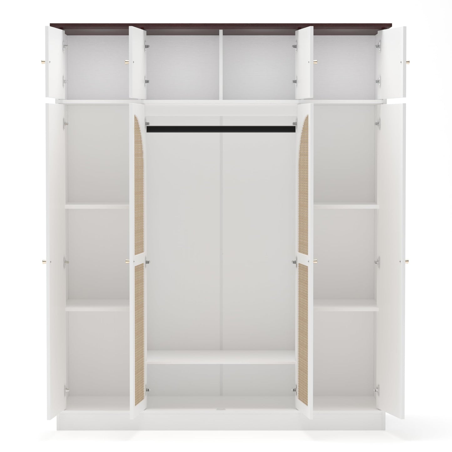 KEIKI Large 8 Doors Wood Wardrobe, Bedroom Tall Armoire Closet Organizer w/Rattan Decorative, Hanging Rails & Adjustable Shelves Clothes Storage Cabinet for Garage & Laundry Room, White