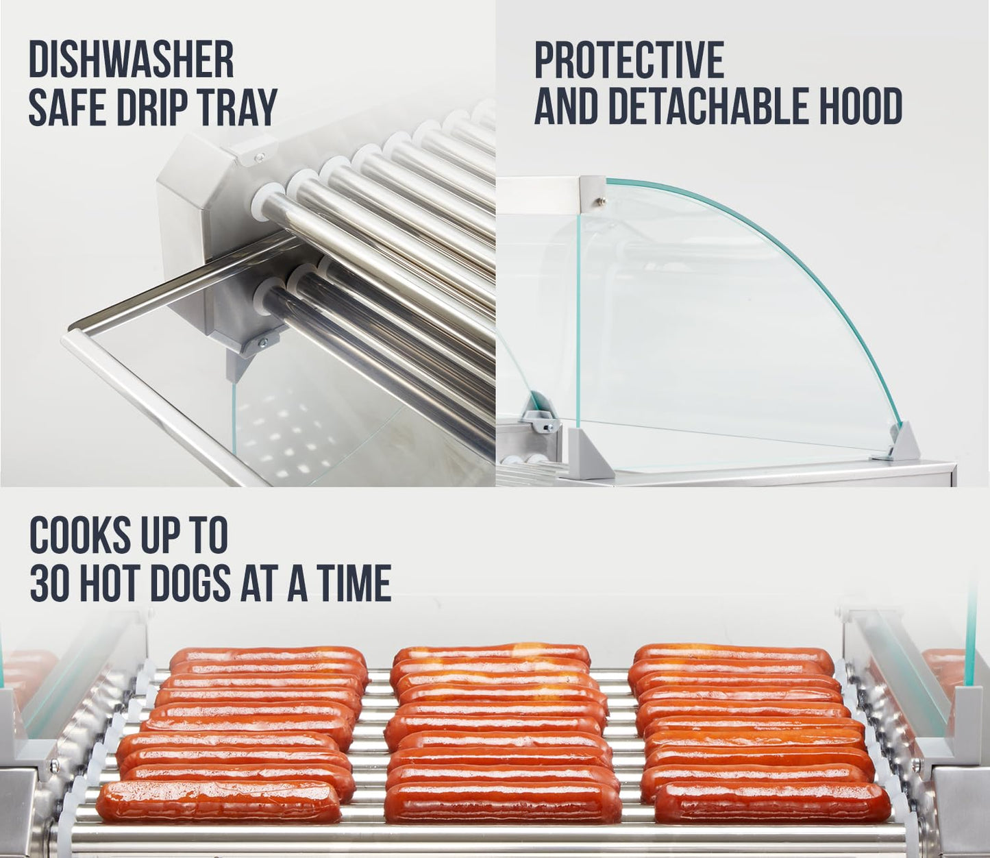 SYBO Hot Dog Roller, 30 Hot Dogs 11 Rollers Grill Cooker Machine with Removable Stainless Steel Drip Tray and Glass Hood Cover, 1430-Watts, Perfect for Commercial And Party