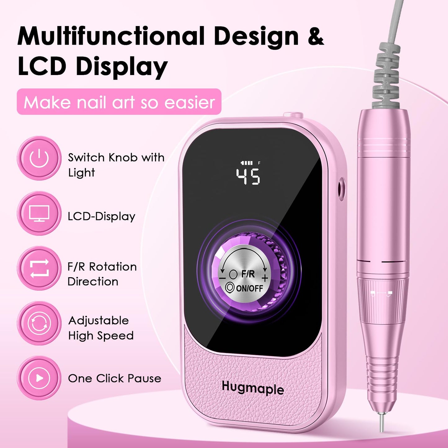 Professional Electric Nail Drill File, HUGMAPLE 45000RPM Portable E-File Machine with Bits & Base, Cordless Rechargeable Nail Drill Kit for Shaping, Removing & Polishing Gel Nails for Salon Home, Pink