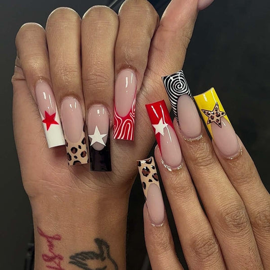 LINMEIZAI 24Pcs French Press on Nails Long Square Star Fake Nails Press ons Nail Tips, Leopard Stick on Nails Acrylic Nails Kit False Nails Swirl Tip Design Nail Art for Women Cheerful Manicure