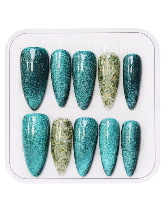 CAMILCY Press on Nails Handmade Nails Luxury Reusable Fake Nails For Girls long Almond Armor Cat's Eye Green Diamonds HandPainted Salon Loveful Design Acrylic GelUV Finished 3D Nails 10PCS (A028, S)
