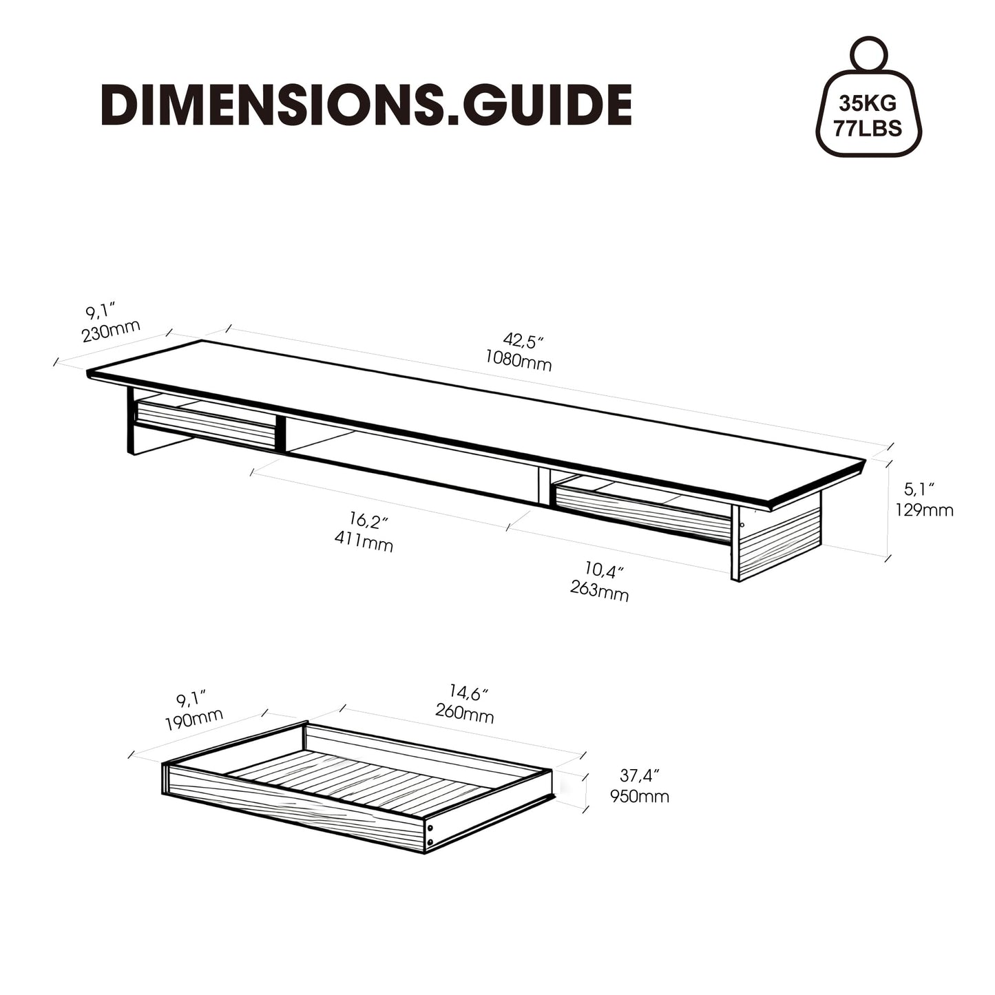 Fenge Dual Monitor Stand with Drawer, 42.5 Inch Large Monitor Riser with Acrylic Legs Supports, Computer Stand for Desk, 2 Tier Wood Desk Shelf with Storage Organizer for PC, Laptop, Printer, TV