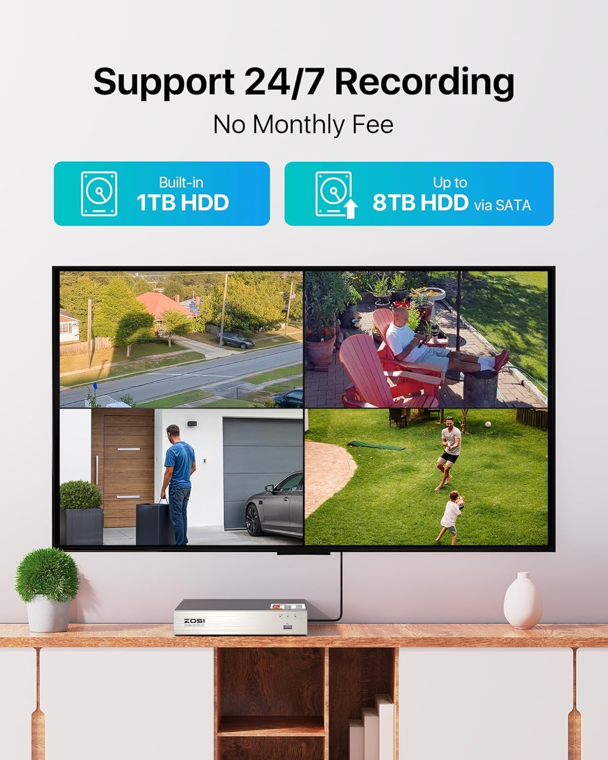 ZOSI 3K Lite Security Camera System with AI Human Vehicle Detection,H.265+ 8CH HD TVI Video DVR Recorder with 4X HD 1920TVL 1080P Indoor Outdoor Weatherproof CCTV Cameras,Remote Access,1TB Hard Drive