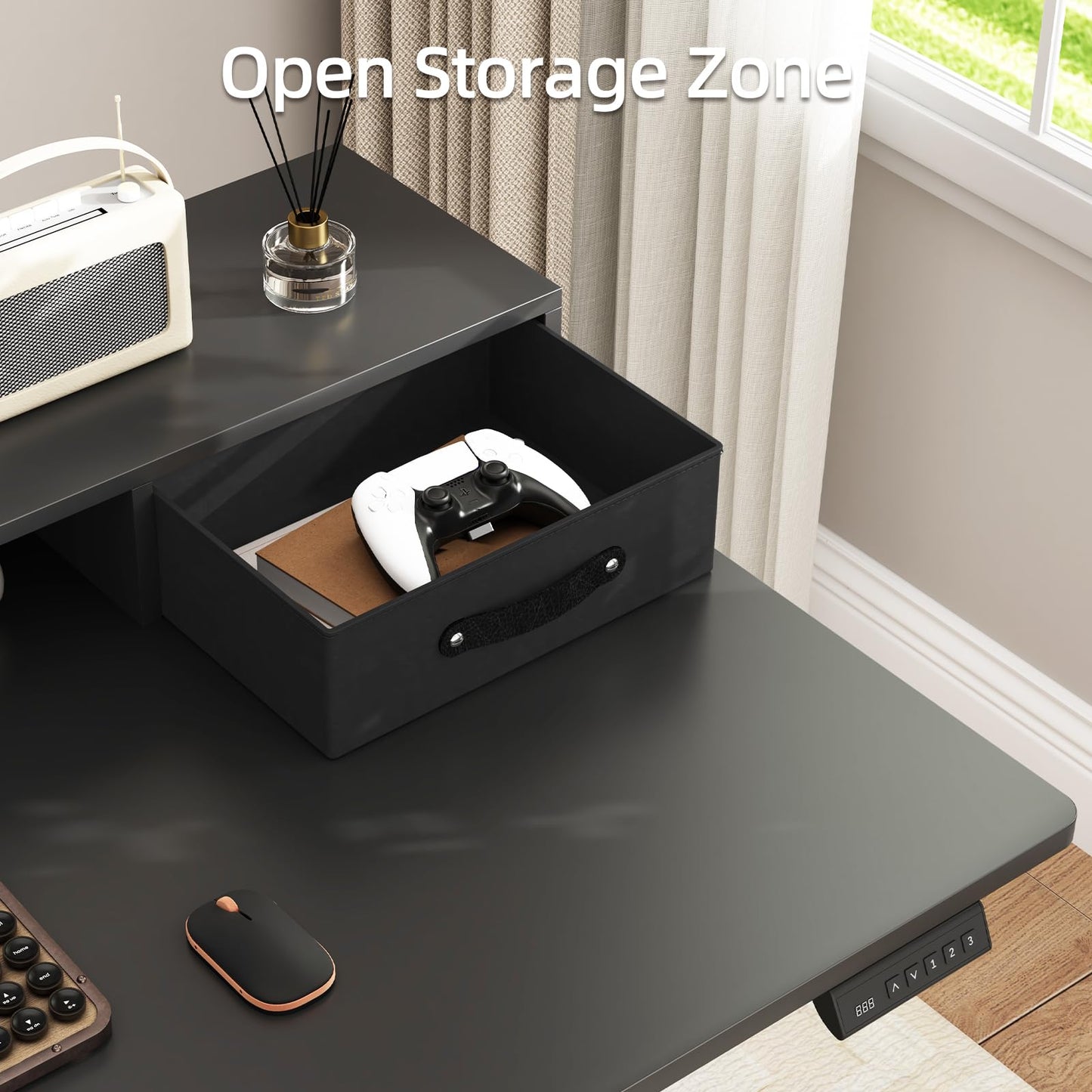 55x24 Inches Standing Desk with Drawers, Electric Computer Desk with Open Storage Shelf, Stand Up Desk, Adjustable Height 28-46 Inches for Home and Computer Workstation, Black