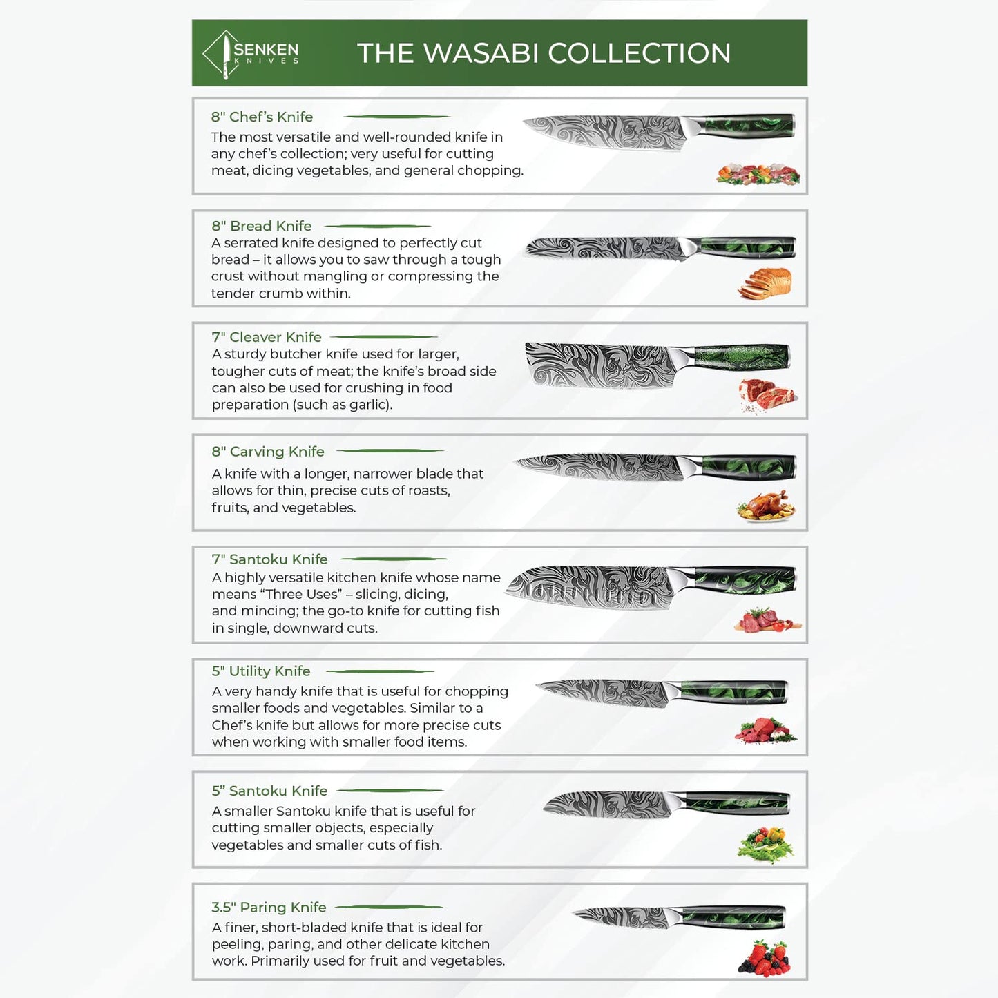 SENKEN 8-piece Engraved Japanese Kitchen Knife Set & Beautiful Green Resin Epoxy Handles - Wasabi Collection - Chef's Knife, Bread Knife, Cleaver Knife, Paring Knife, & More