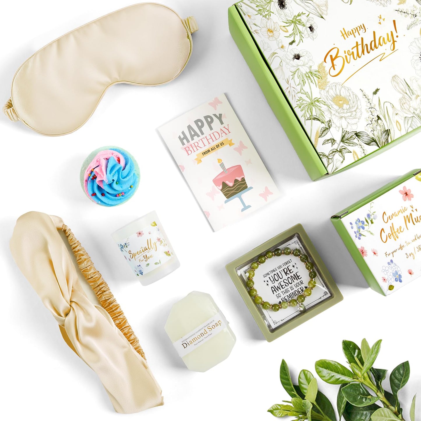 Mug Gift Birthday Gifts Set for Women, Spa Baskets Gift Box Unique Happy Birthday Gifts Ideas for Women Mom Her Friend Sister Wife Daughter Girlfriend Coworker, Ceramic Mug 12 OZ (Off-white)