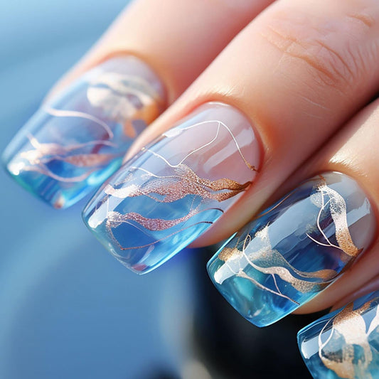 24Pack Medium Press on Nails Nails Square Fake Nails RTKFZE Medium Long Acrylic Nails with Gold Thread Fake Nails Glitter Ombre Nails Gel Nails Full Coverage Nail Stickers for Women Manicure