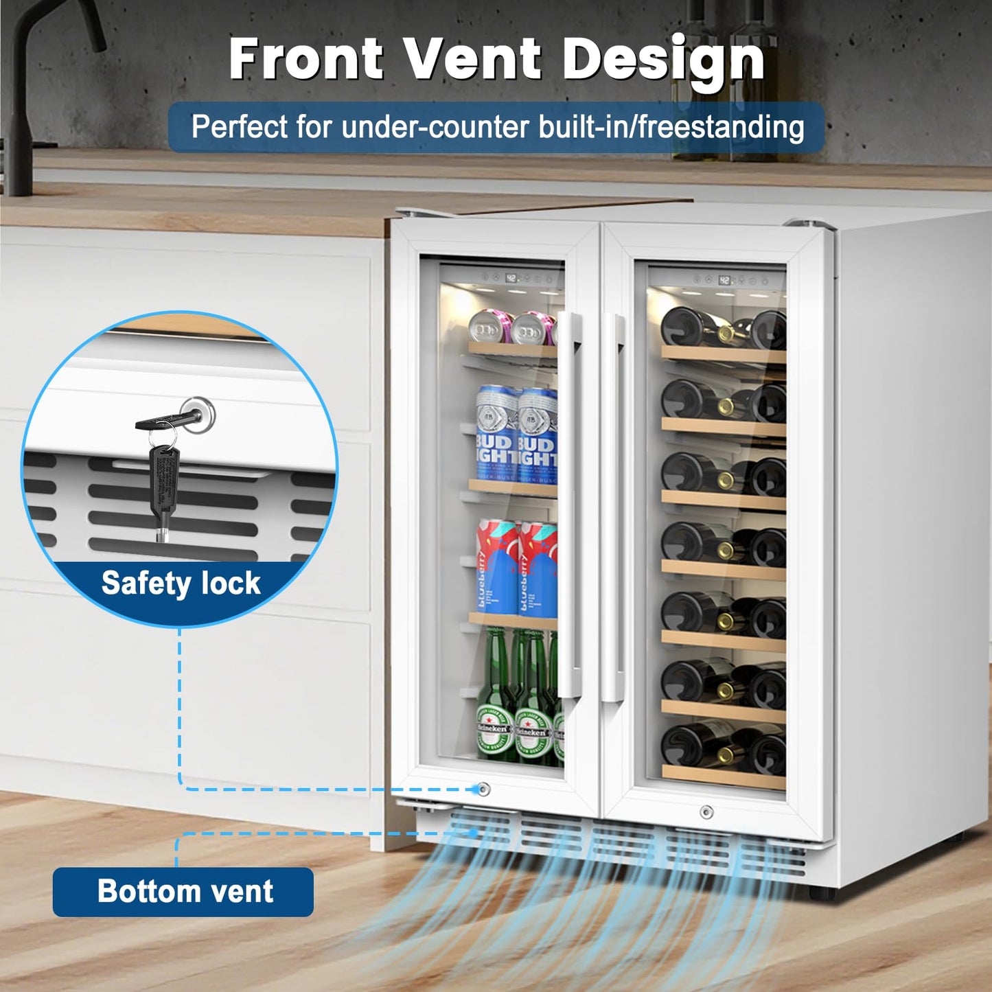 Velieta 24 Inch Dual Zone Wine and Beverage Refrigerator - Under Counter Built-in/Free Standing Beverage Cooler with Glass Door,Beverage Fridge with Large Capacity, Advanced Cooling System, White