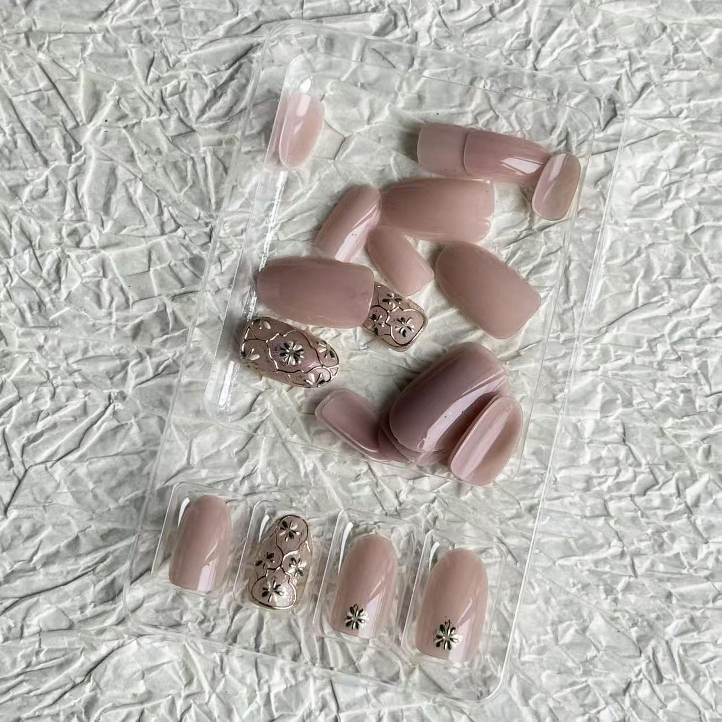 24pcs Nude Press on Nail Short Almond Fake Nails with Flower designs Full Cover Gold Foil Stick on Nail Glossy Luxury Press ones for Women Work Manicure