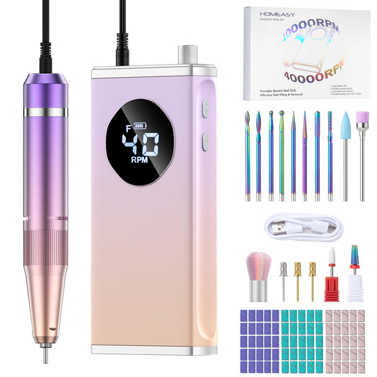 HOMEASY Electric Nail Drill, 40000RPM Professional E-Filer Rechargeable with 15 Drill Bits, Portable Nail File Electric Nail Filer for Acrylic Nails Gel Polishing Removing for Salon Home (Purple)