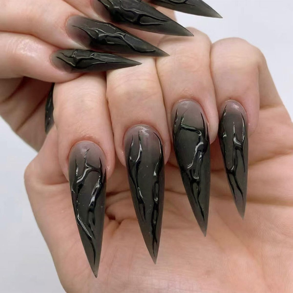 IMRAIN Press on Nails Long Stiletto Fake Nails Black 3D Line Glue on Nails with Designs Full Cover Matte Acrylic Almond Goth Stick on Artificial Nails for Women 24Pcs