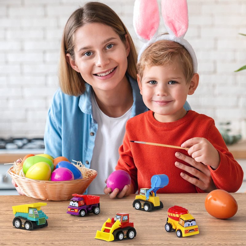 ZenBombs Easter Eggs with Toys Inside-12 PCS Colorful Plastic Easter Eggs Filled with Toy Vehicles for Kids-Surprise Egg for Easter Egg Hunt, Easter Basket Stuffers and Kids Birthday Party Favors