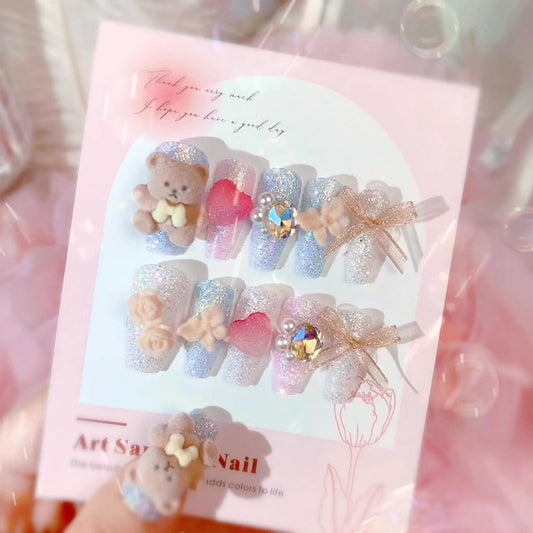 SINHOT Luxury Press on Nails - Long Coffin Fake Nails 3D Handmade Cute&Candy Reusable False Nails with Rhinestone Designs,DIY Artificial Nail Art, 24pcs