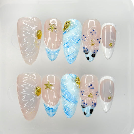 OFDNE Luxury Press On Nails Medium Almond Handmade 3D Unique Reusable ABS Material False Nails Blue with Designs Starfish Floral Art Petal Glossy Glue on Nails Thick Acrylic Nails (10 Pieces, 1 Set)
