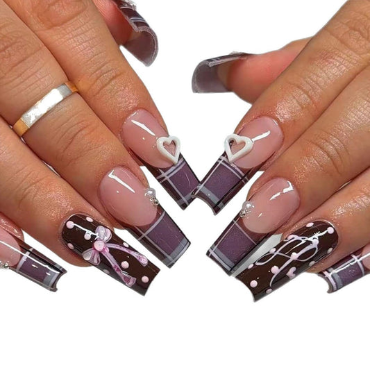 Long Press on Nails Square Fake Nails Purple Artificial Nail Plaid French Tip Brown Polka Dot Bow Heart Charm Glossy Stick on Nail Coquette Style for Women 24pcs